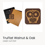Laser-cut owl design on walnut and oak laser wood boards