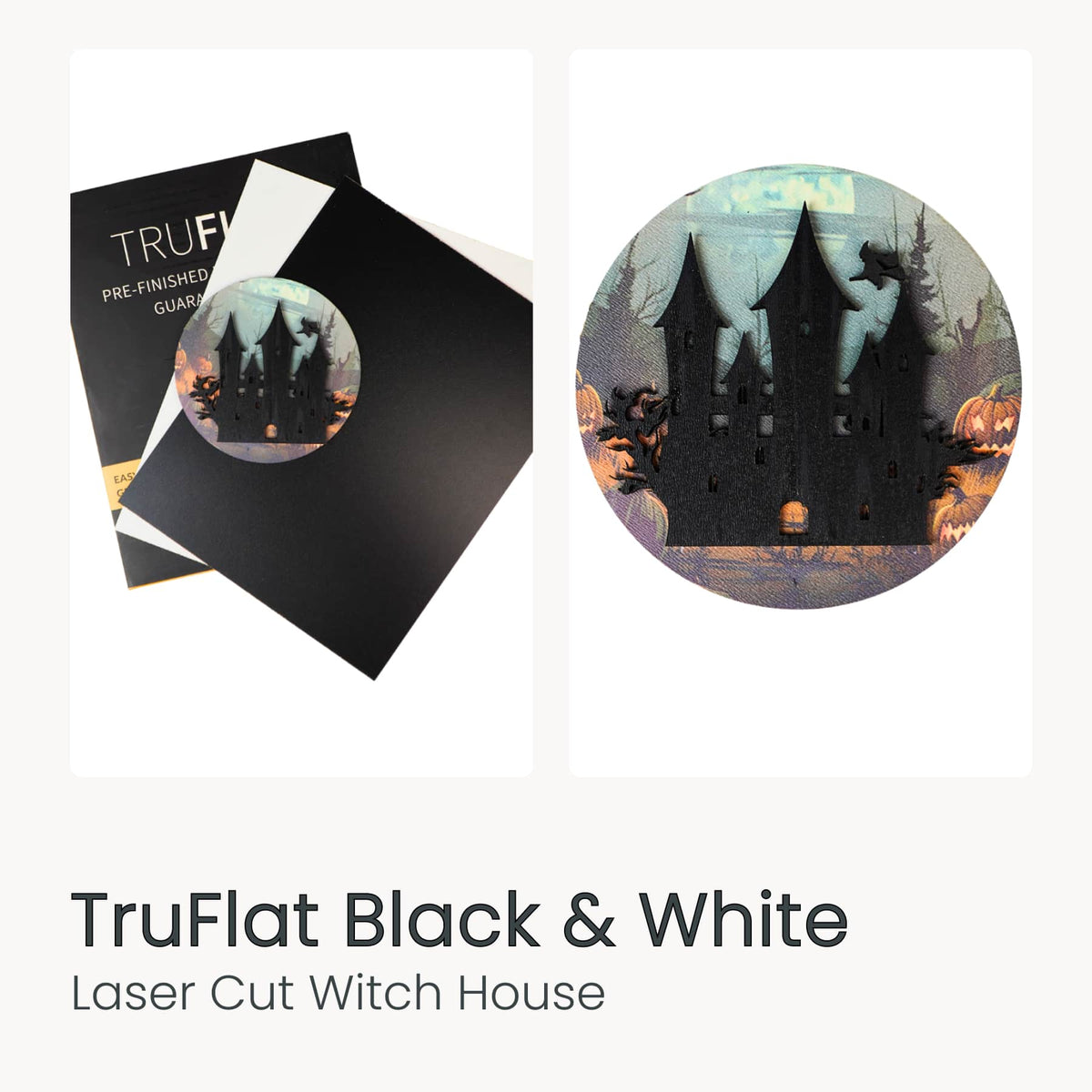 Laser-cut wooden witch house ornament design on dark flat boards