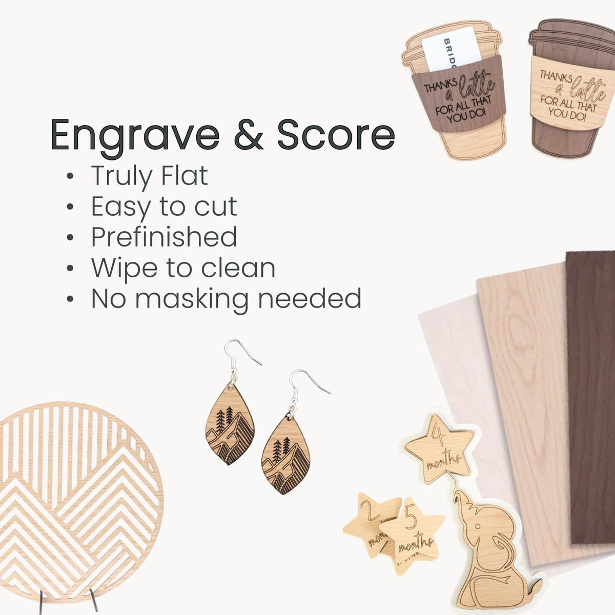 Engraved and cut craft shapes beside TruFlat sample boards