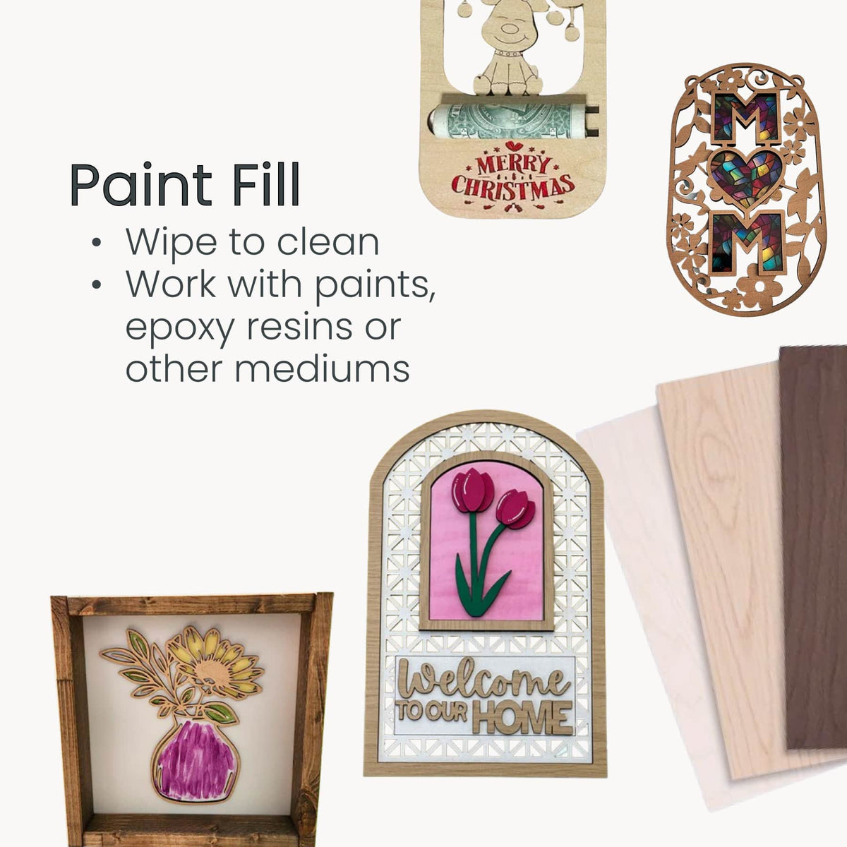 Wood craft blanks with painted-in panels and framed art shapes