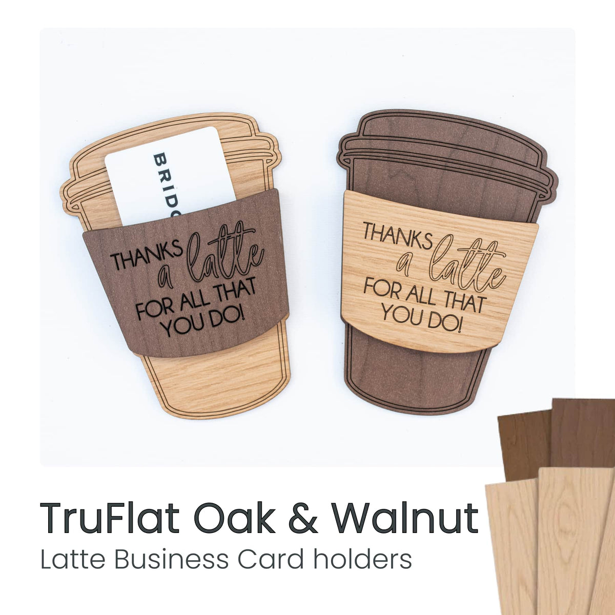 TruFlat Oak & Walnut latte business card holders, two cup designs
