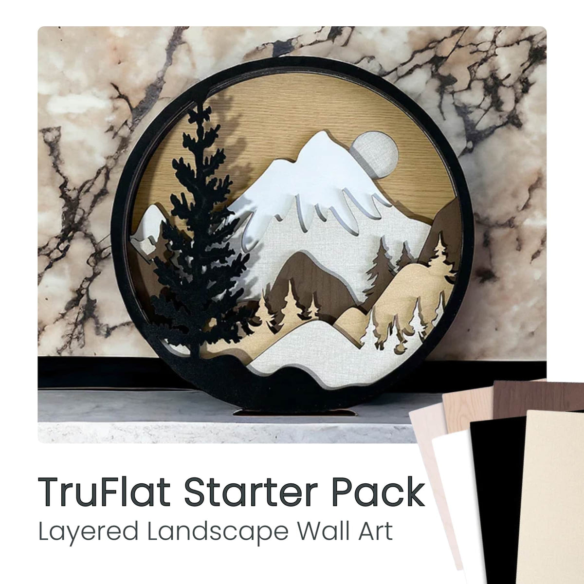 Layered landscape wall art set in circular frame with pine and mountain silhouettes