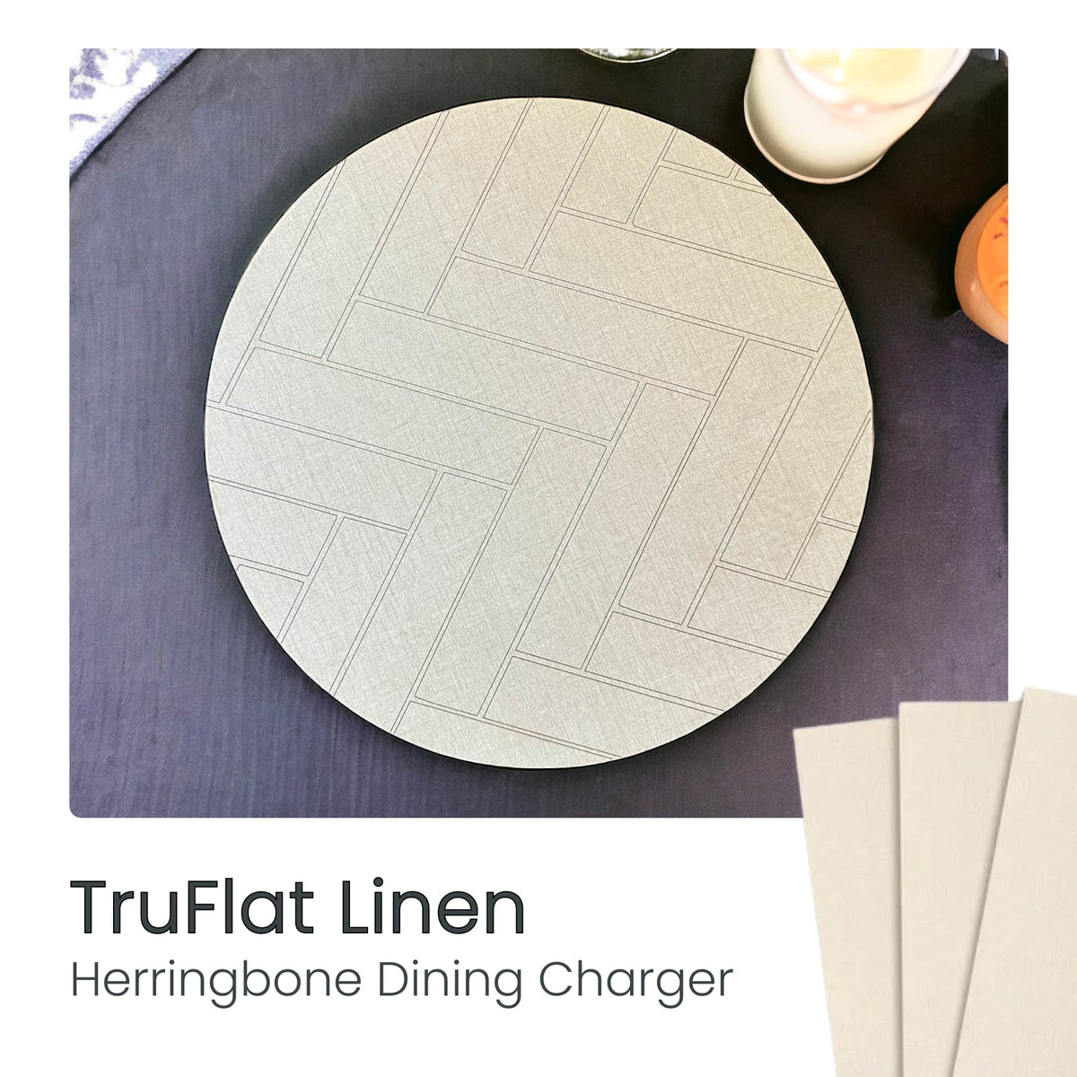 TruFlat laser-cut linen round dining charger with herringbone tile line pattern
