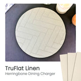 TruFlat laser-cut linen round dining charger with herringbone tile line pattern