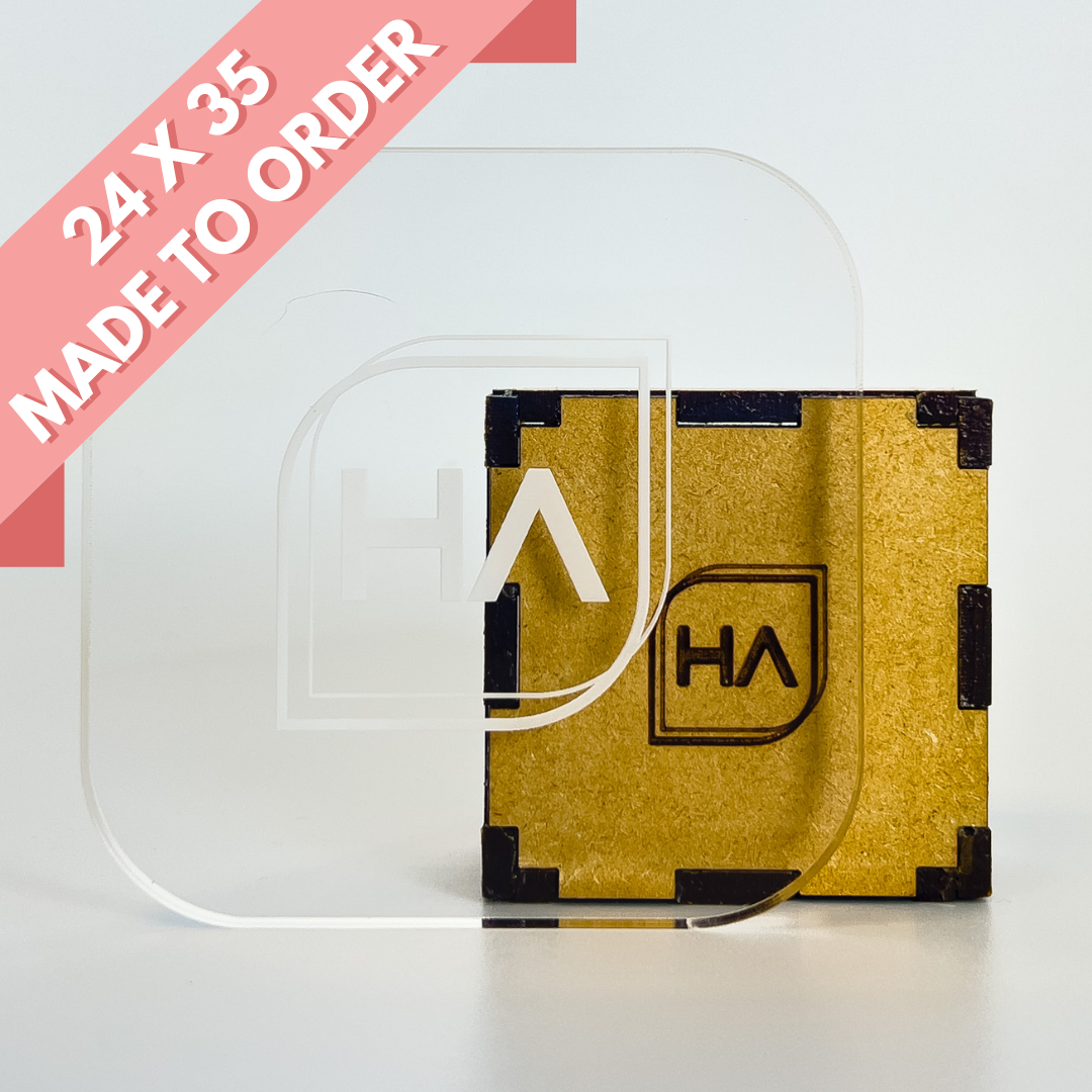 Glossy transparent acrylic sheet with rounded corners, flat panel view
