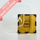 Glossy transparent acrylic sheet with rounded corners, flat panel view