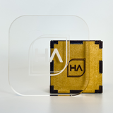Glossy clear acrylic sheet with rounded corners, transparent panel on display