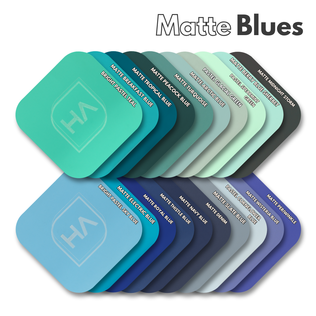 Assorted matte blue cast acrylic sheet samples, fanned display of square pieces