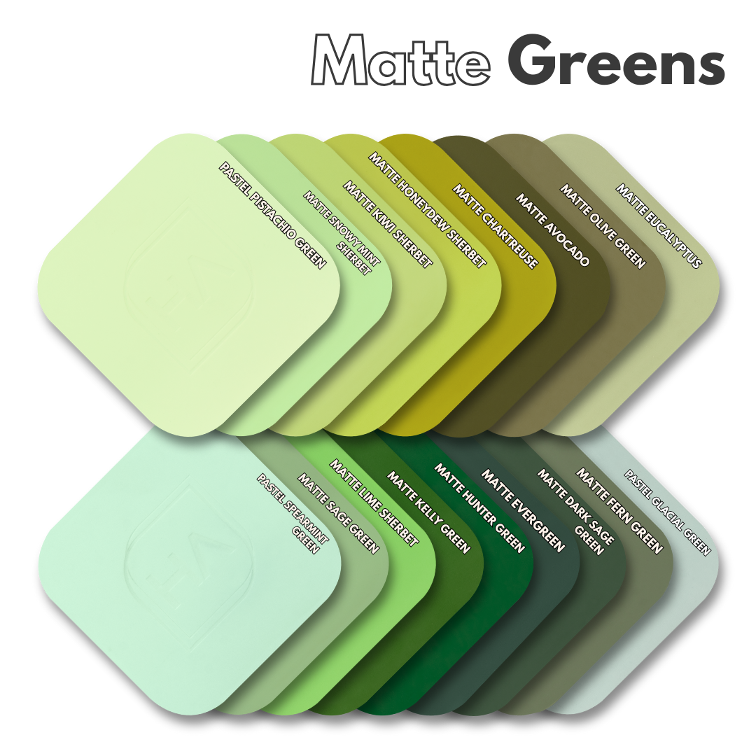 Assorted matte green cast acrylic sample squares in varying pastel to deep hues