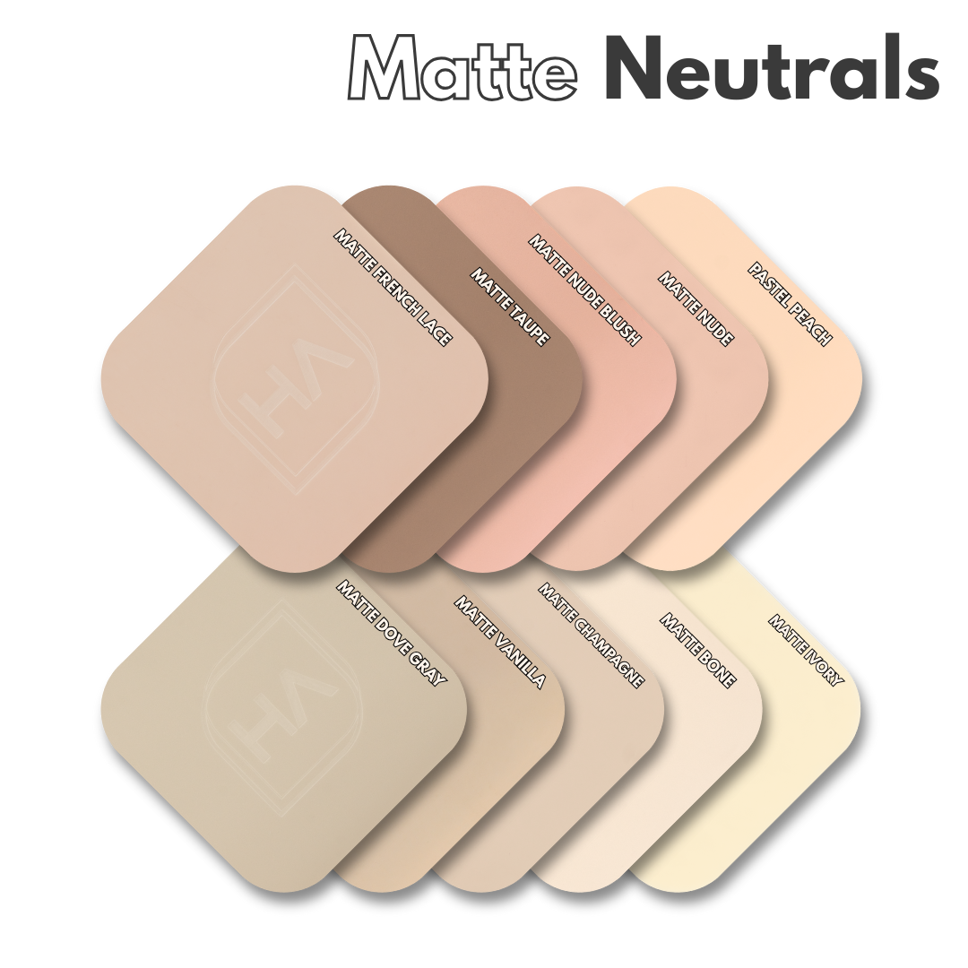 Matte neutrals acrylic sheet sample swatches in light peach, taupe, and pastel tones