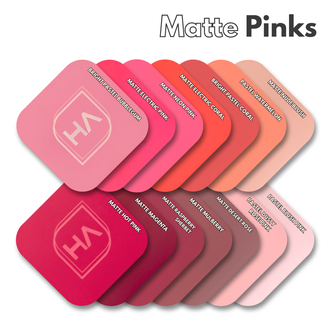 Matte pink acrylic color swatch set showing multiple finishes in pastel-to-dark rose
