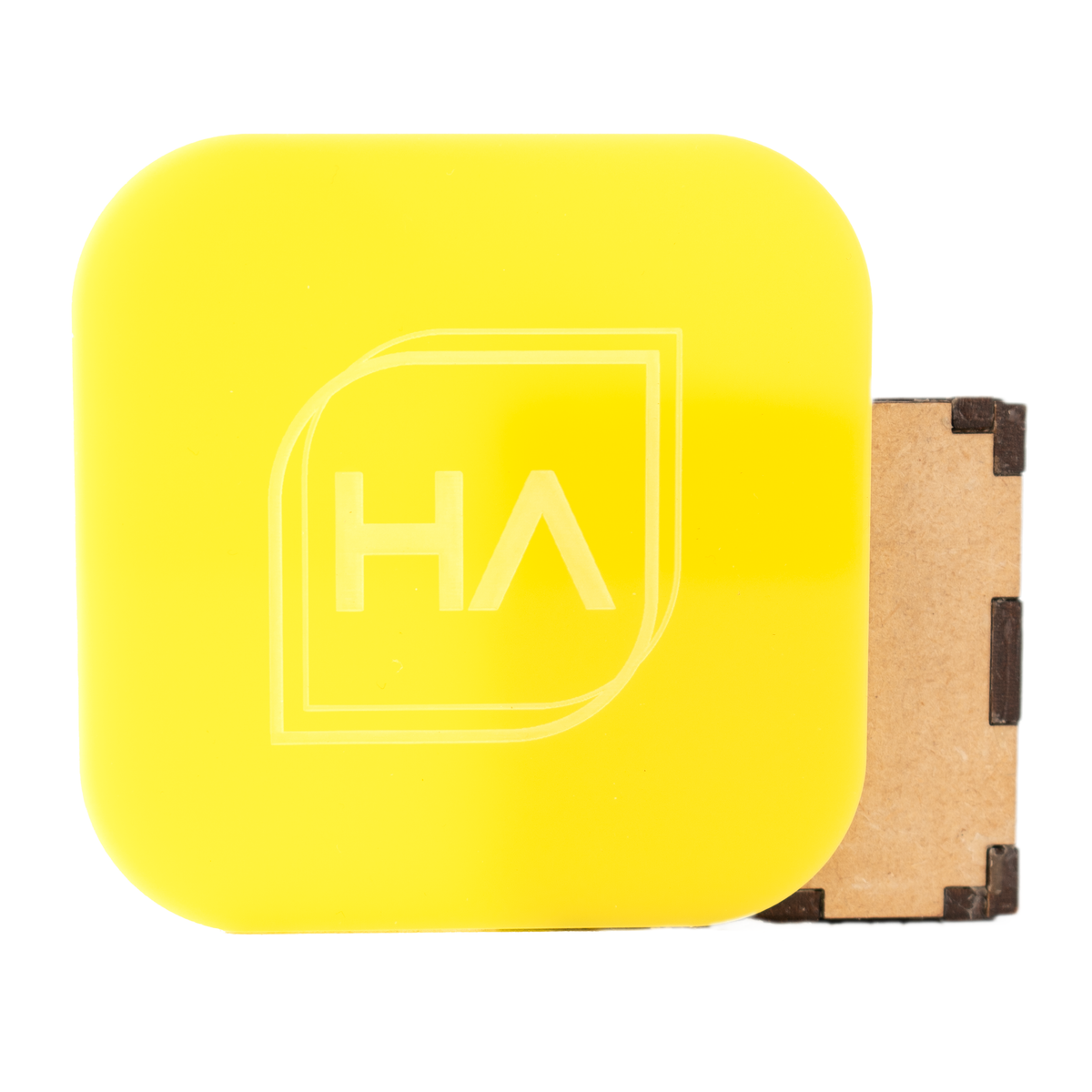 Fluorescent neon yellow cast acrylic sheet with rounded corners, glossy finish