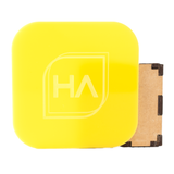 Fluorescent neon yellow cast acrylic sheet with rounded corners, glossy finish