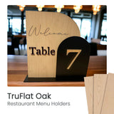 TruFlat Oak restaurant menu holder with “Welcome Table 7” wood sign