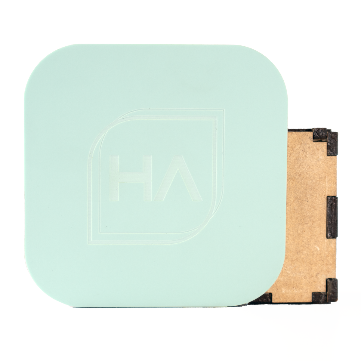 Pastel green matte cast acrylic sheet, rounded square with protective backing edge