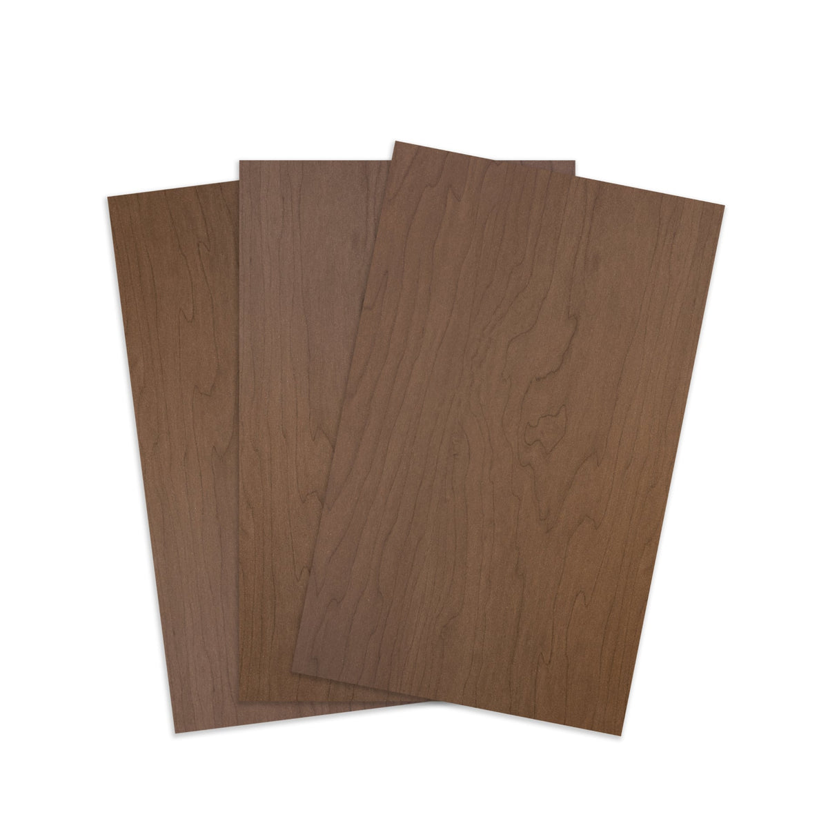 Dark brown TruFlat laser wood plywood sheets stacked, visible wood grain