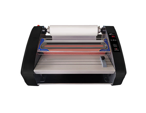 Desktop roll laminator with open feed area, black base, and side control buttons