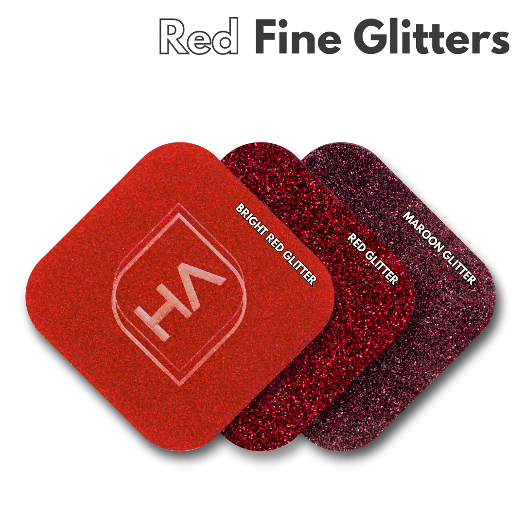 Red glitter acrylic sheet samples with rounded shapes and centered HA logo