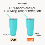 Teal 30oz stainless tumbler showing seamless full-wrap design and straw