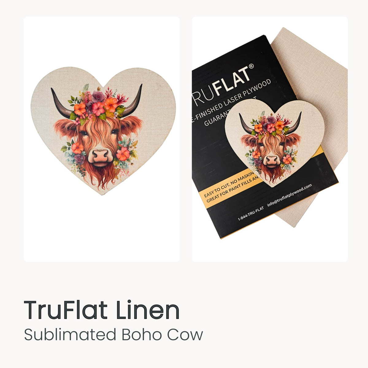Floral boho cow heart on linen-toned laser wood board