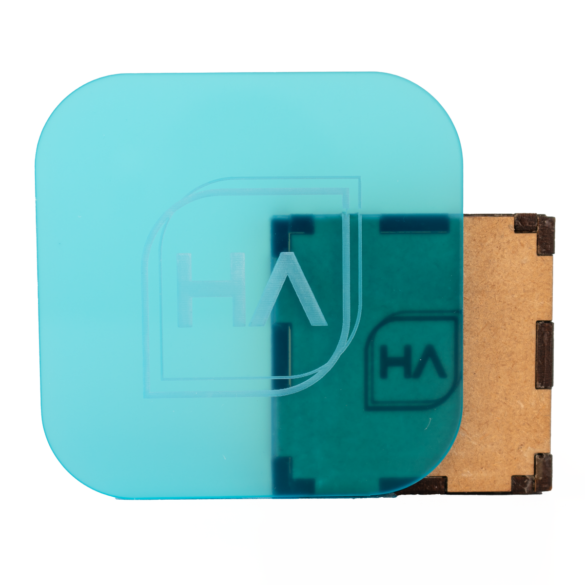 Glossy translucent aqua blue cast acrylic sheet with backing panel