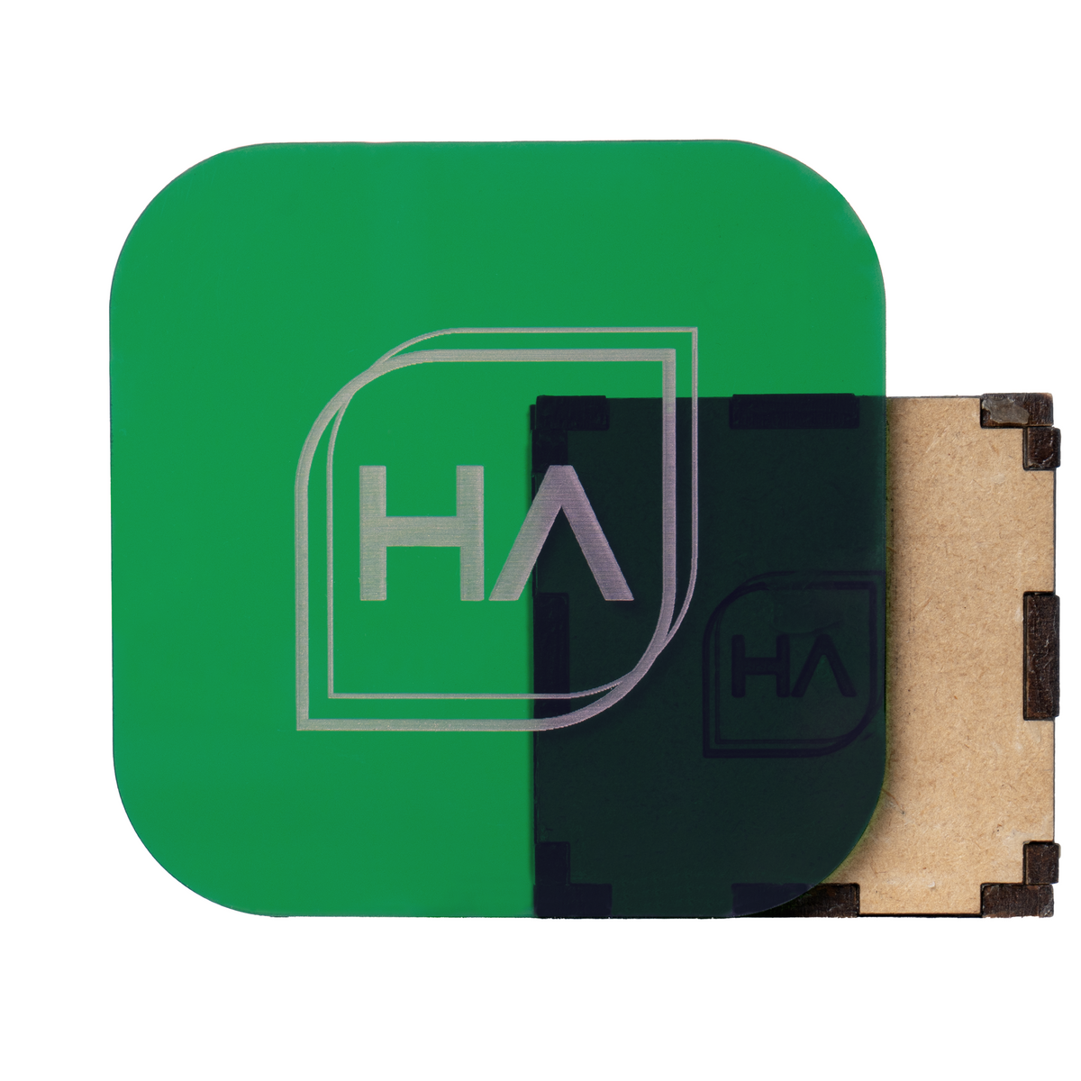 Translucent green glossy cast acrylic sheet, rounded corners, layered edge view