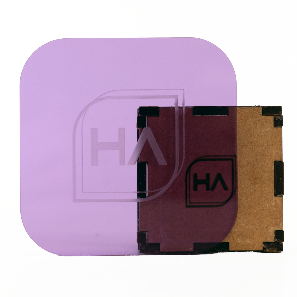 Translucent lilac glossy acrylic sheet sample with protective black taped edges