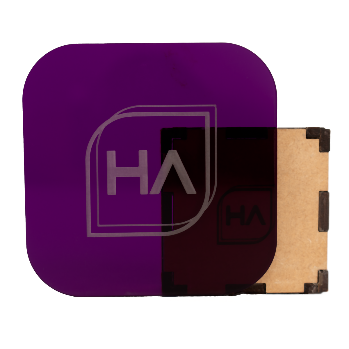 Translucent glossy purple cast acrylic sheet with brown backing, rounded edges