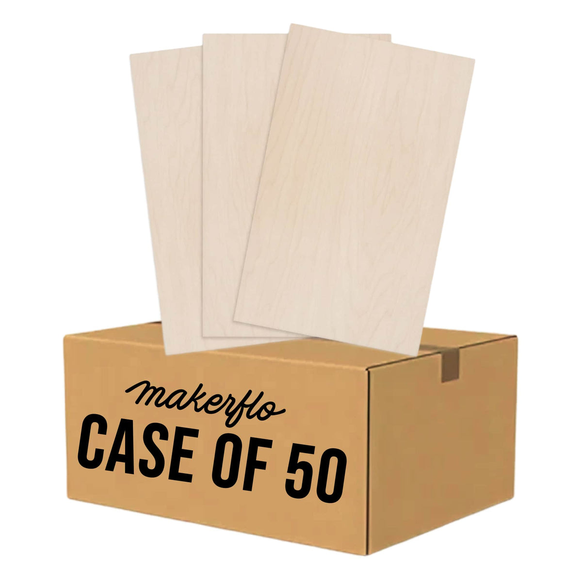 TruFlat laser wood plywood sheets stacked in case of 50 packaging, light wood