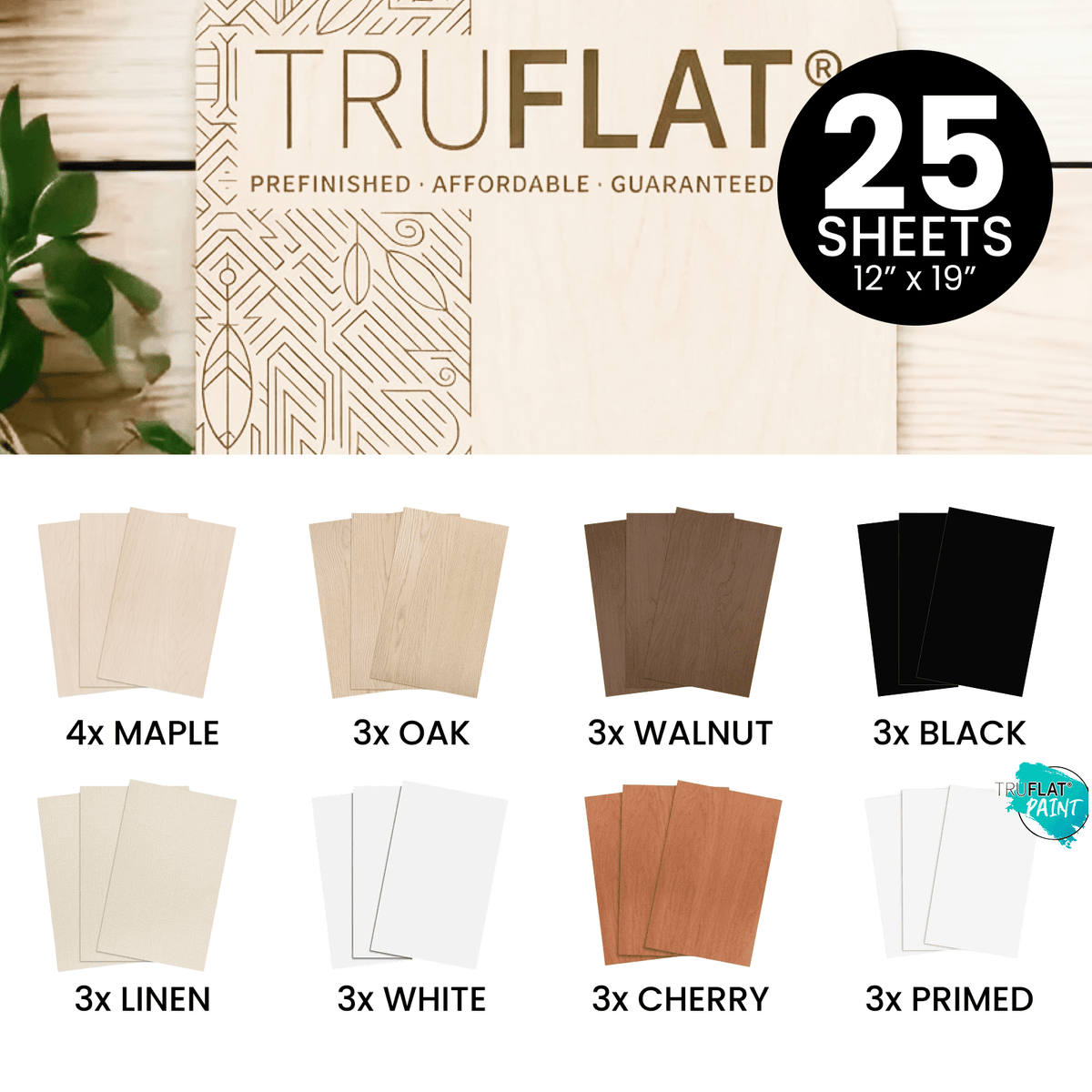 TruFlat sample pack of ultra flat wood sheets, maple, oak, walnut, and black