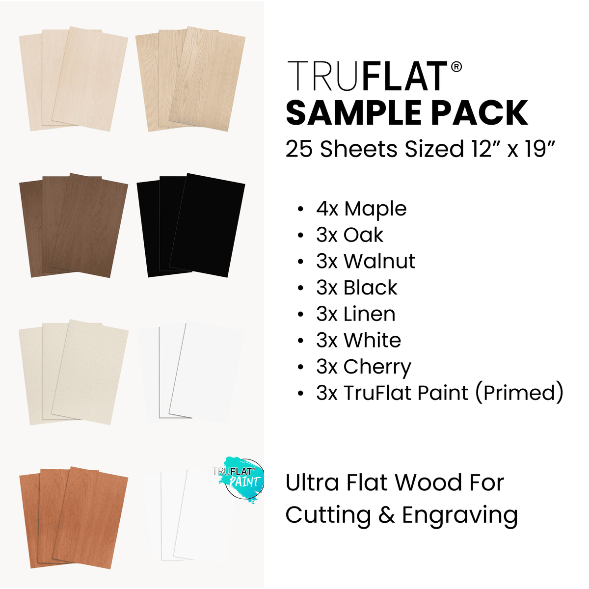 TruFlat sample pack with mixed wood sheets: maple, oak, walnut, black, linen, white