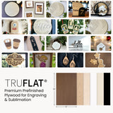 TruFlat laser wood plywood sheets in dark wood, light wood, and black