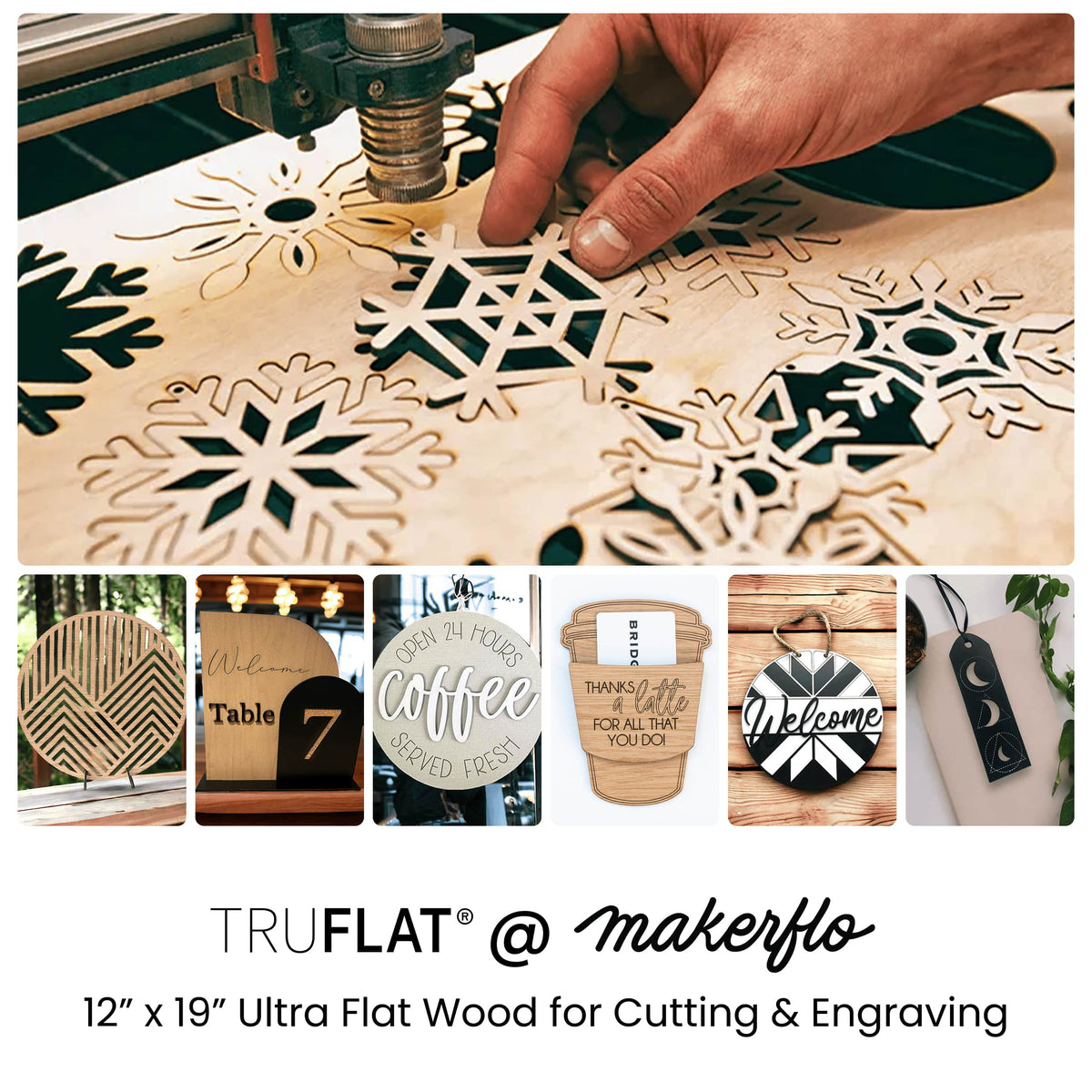 Ultra flat wood sample sheets laid out for cutting and engraving, with laser-cut designs