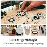 Ultra flat wood sample sheets laid out for cutting and engraving, with laser-cut designs