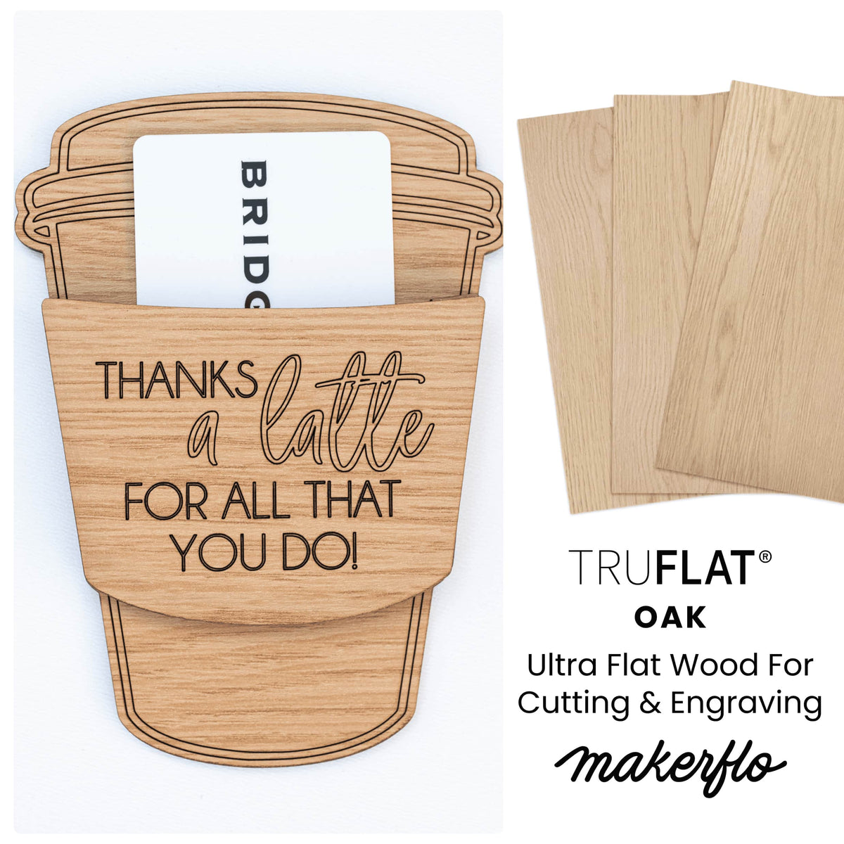 TruFlat oak wood sample sheets, light tan with visible grain, for cutting and engraving