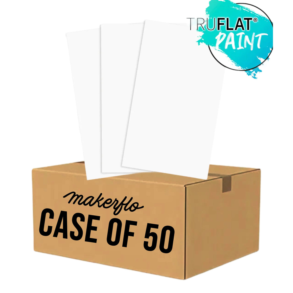 TruFlat Laser wood panel set, white sheets stacked with TruFlat paint badge