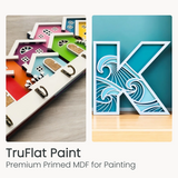Paint-primed MDF laser-cut landscape pieces and large blue wall art panel