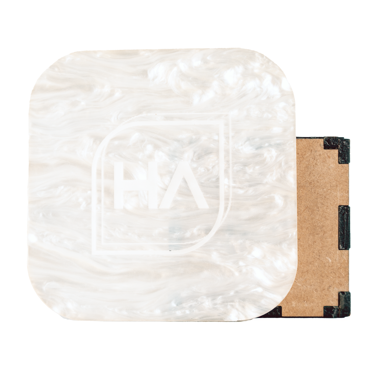 Pearl-finish white acrylic sheet, rounded corners, translucent marbled texture