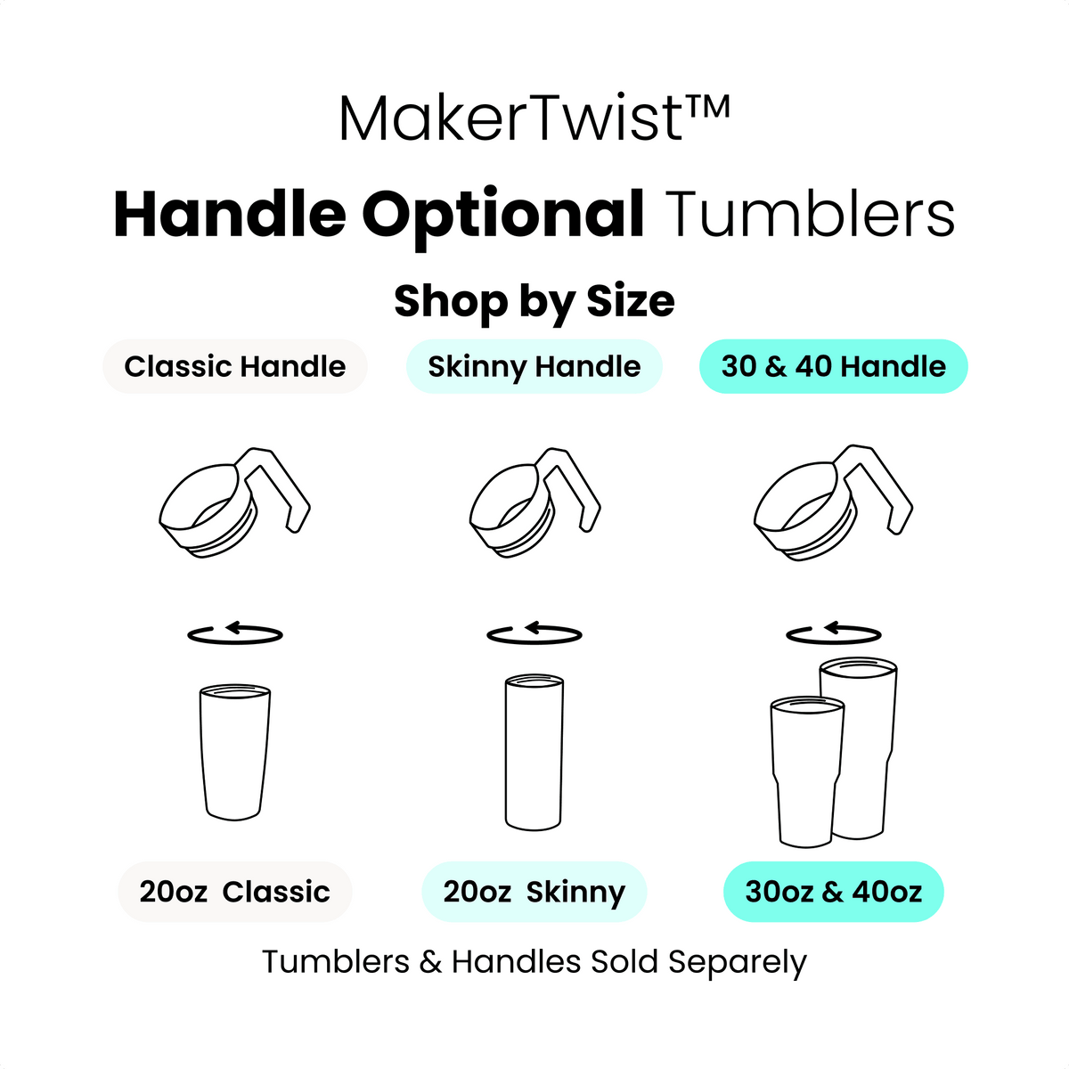 Illustrated 20oz tumbler handle options with classic, skinny, and 30/40oz sizes