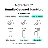 Illustrated 20oz tumbler handle options with classic, skinny, and 30/40oz sizes
