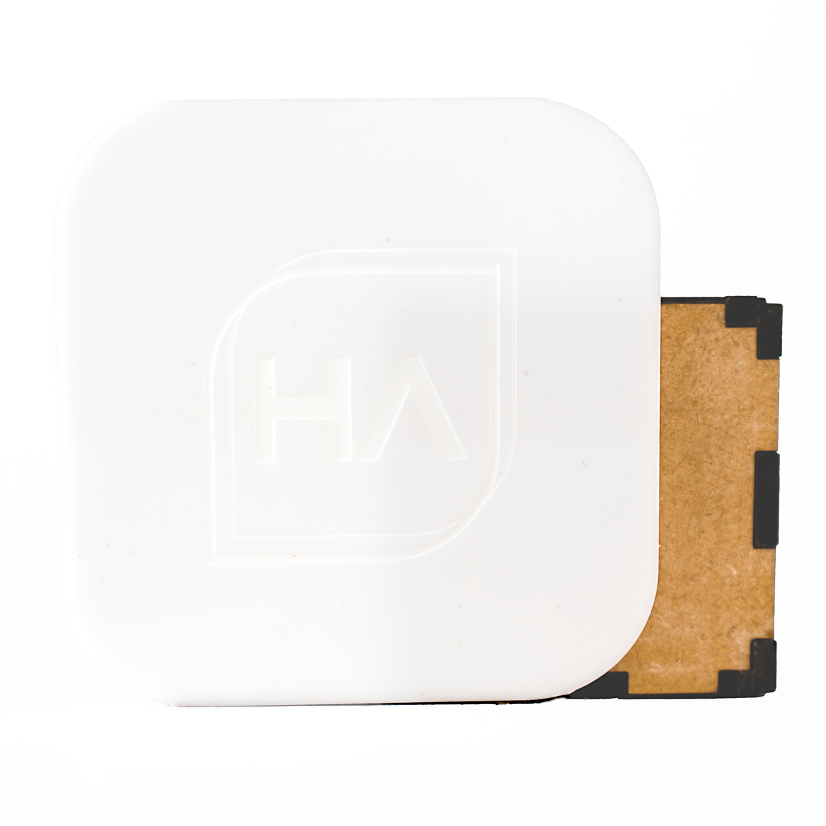 Opaque gloss white acrylic sheet, rounded-square shape with smooth surface and visible edge