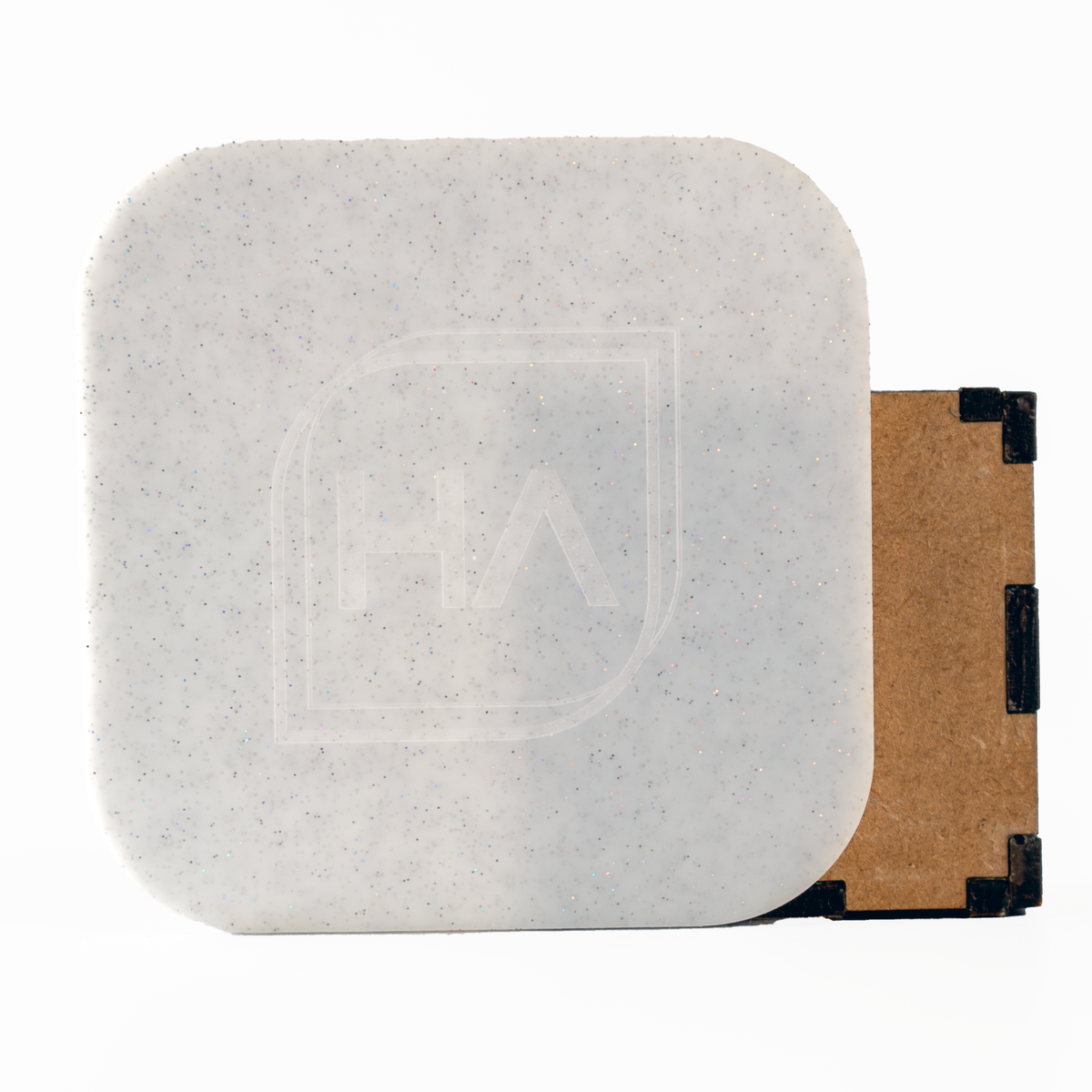 White glitter cast acrylic sheet with holographic sparkle, rounded corners