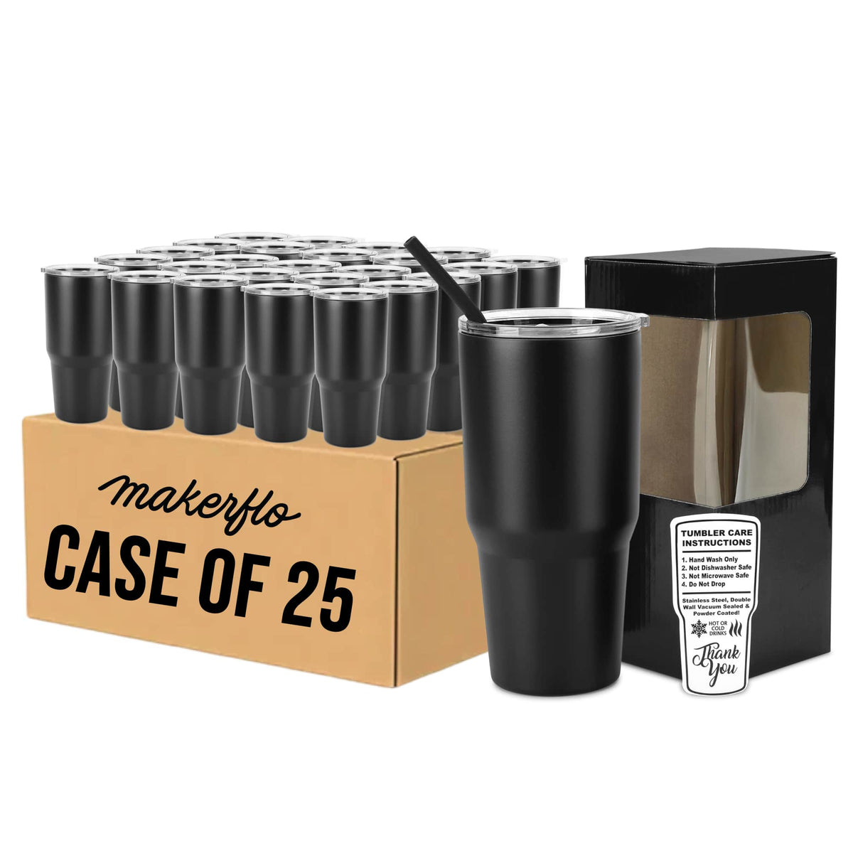 Case of 25 black 30oz stainless tumblers with straws, plus logo-free box