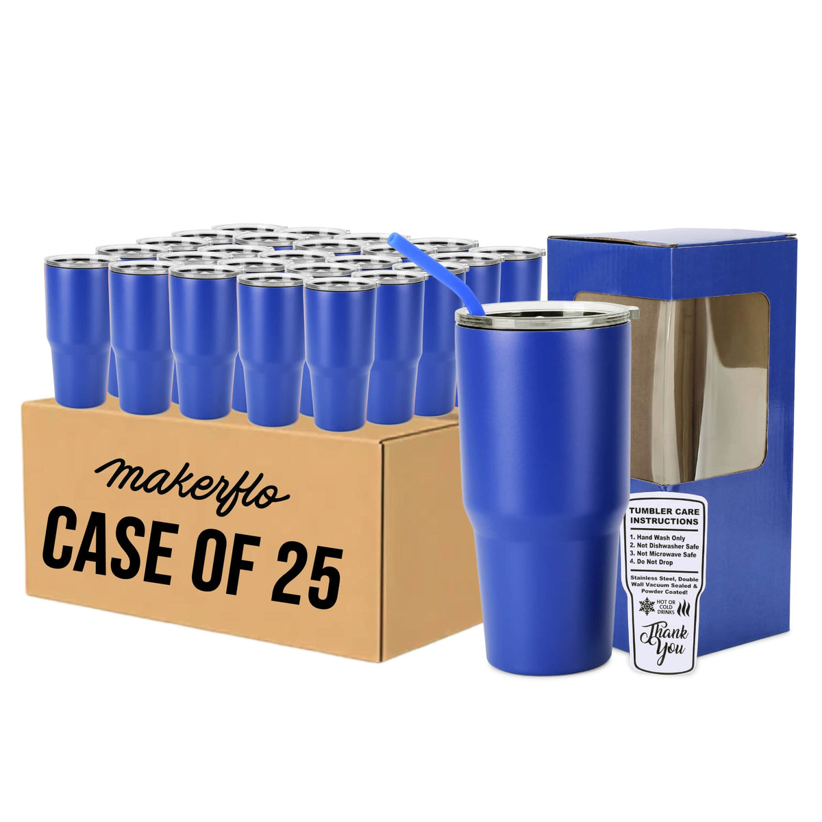Case pack of 25 blue 30oz stainless steel tumblers with clear lids and straw