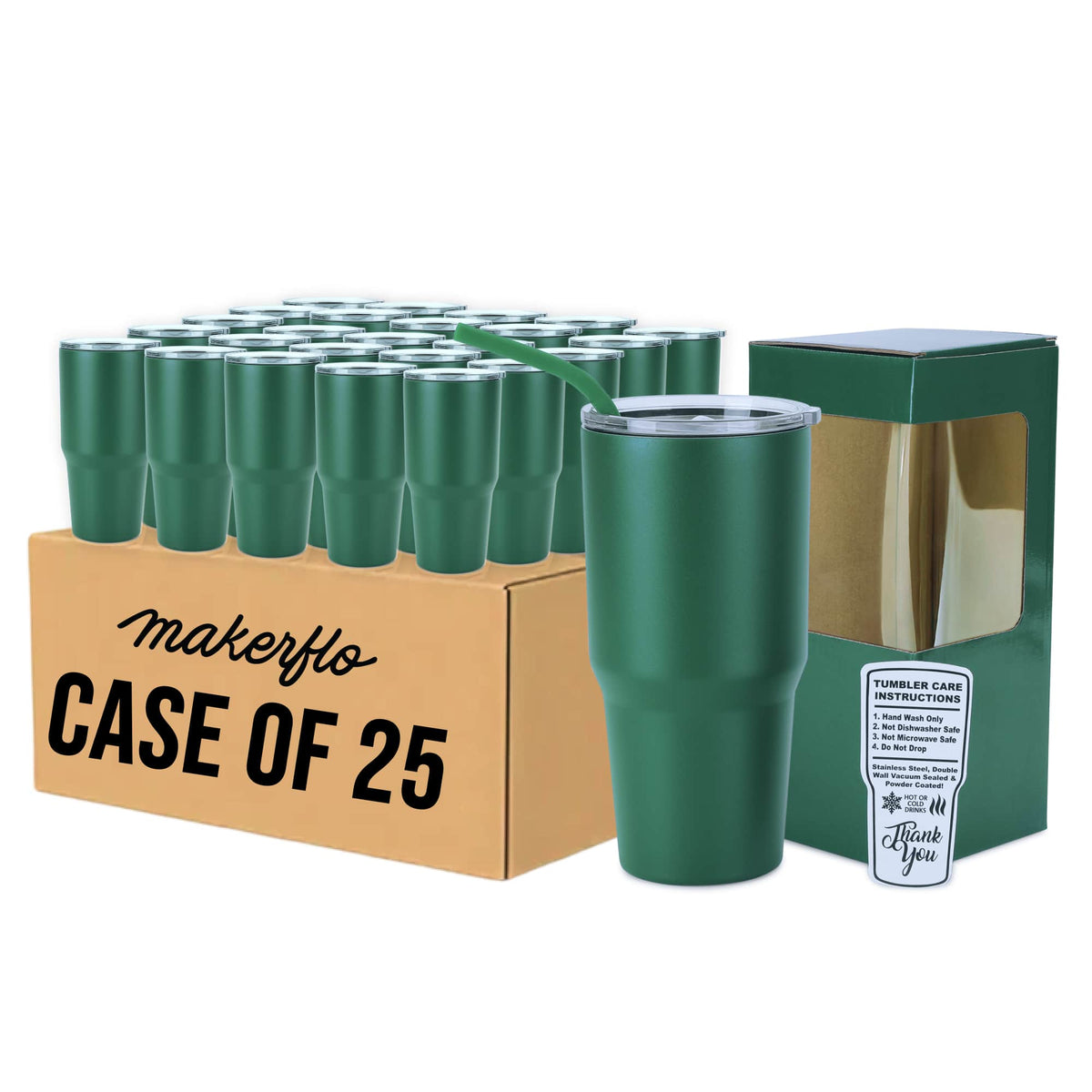 30oz MakerTwist stainless steel tumbler set, dark green cups in case of 25
