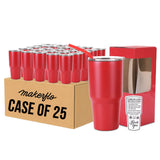 Case pack of 25 red 30oz stainless steel tumblers with clear lids and straw