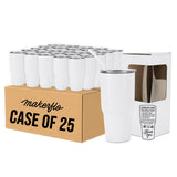 Case pack of 25 white 30oz stainless steel tumblers with clear lids and straw