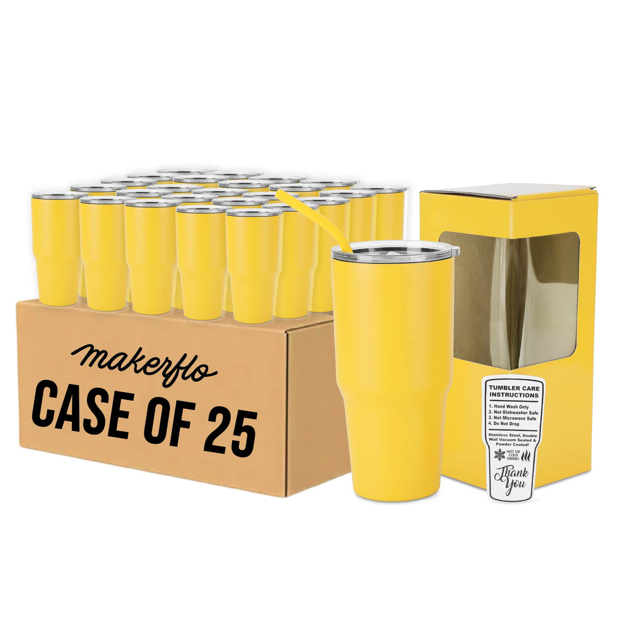 30oz MakerTwist stainless steel tumbler set, yellow cups in case of 25