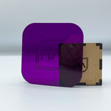 Purple translucent glossy acrylic sheet, side view with brown backing and tab
