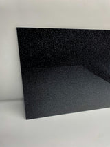 Black glitter acrylic sheet, rectangular panel with dark sparkling surface